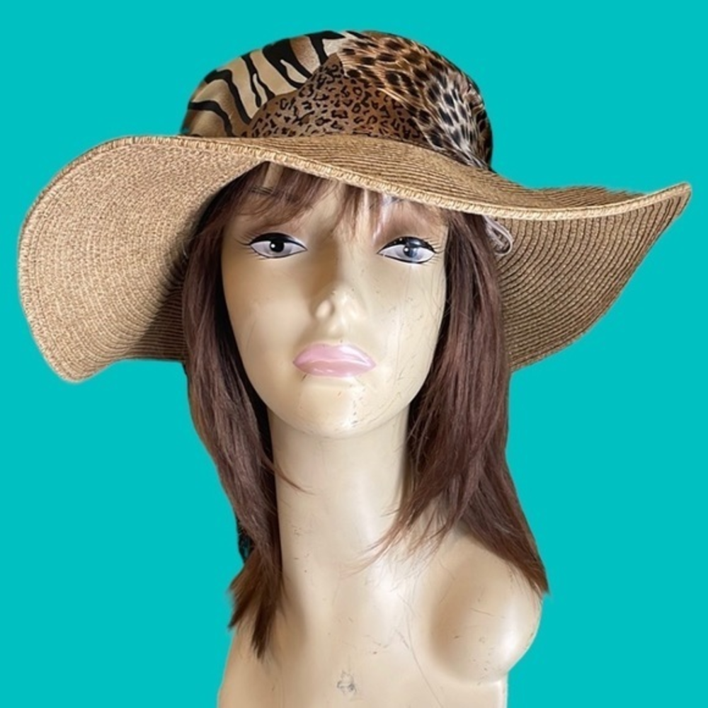 CAPPELLI Cream Leopard‎ Scarf Vacay/Swim Adjustable Straw Hat One Size
